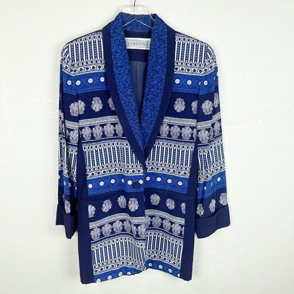 Vintage 80s Printed Blazer Jacket Navy Blue Jacket Marsha Brander Componix - Picture 1 of 7